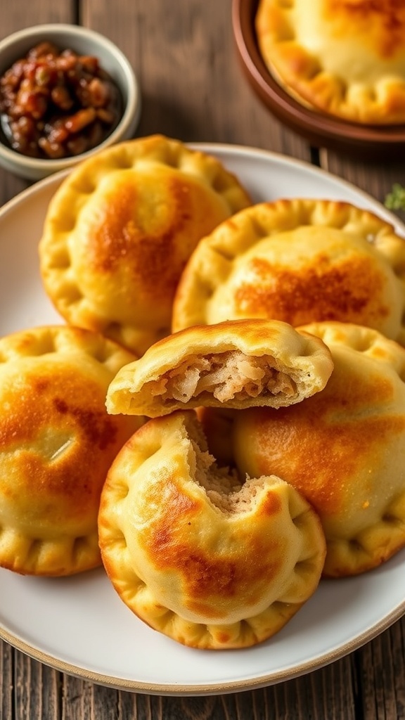 Golden brown vetkoek on a plate with minced meat and jam, showcasing their fluffy texture.